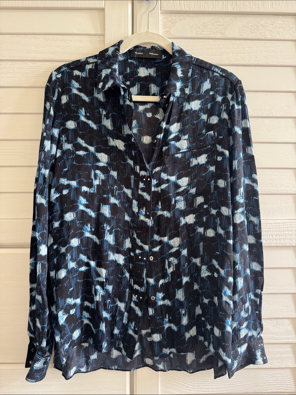 Proenza Schouler Black and Blue Abstract Silk Top